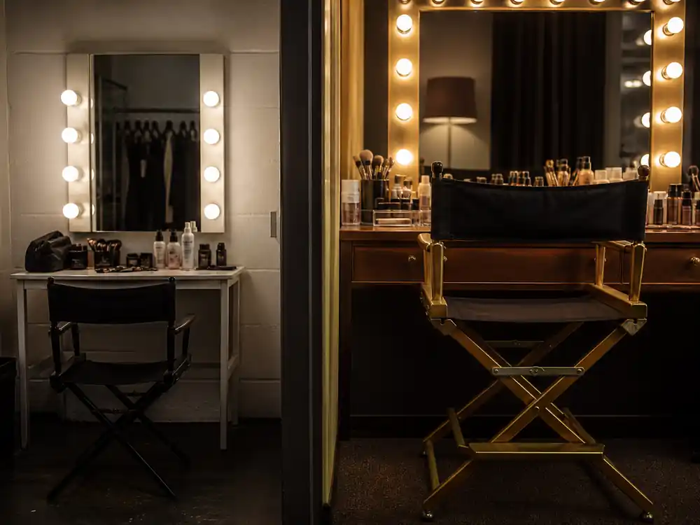Two empty makeup chairs size contrast for Angelina Jolie vs Jennifer Aniston net worth