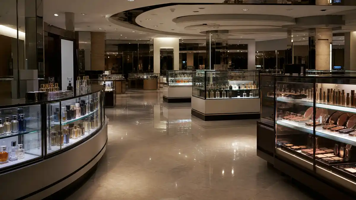 Department store beauty floor at night behind Ariana Grande net worth 2026 estimates near $250 million
