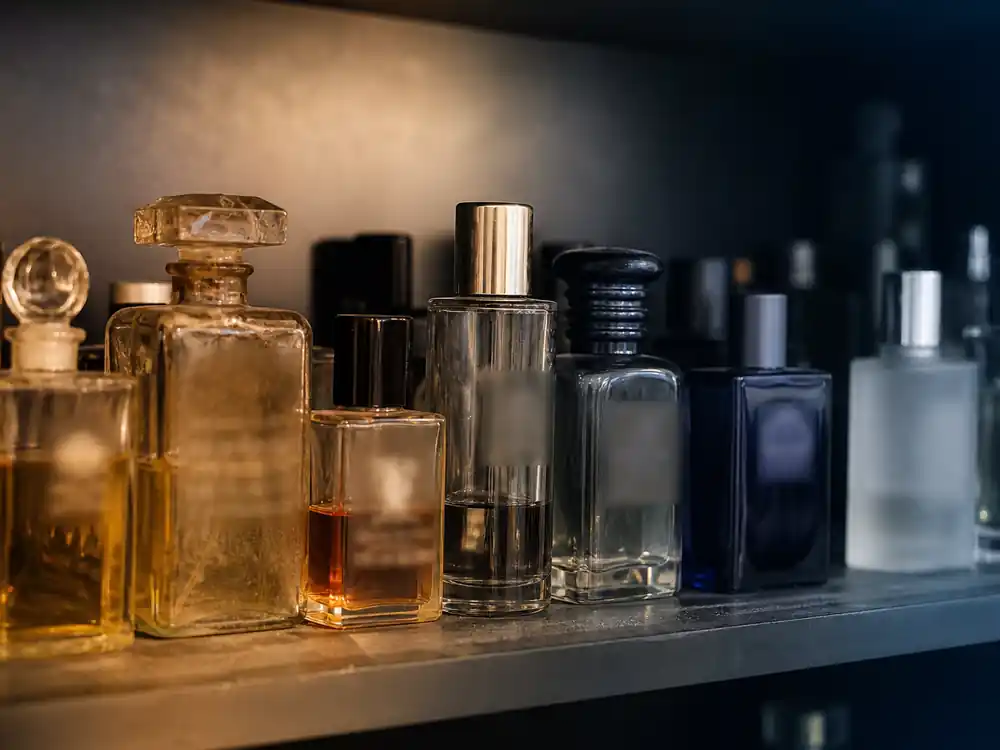 Perfume bottles old and new on shelf for Ariana Grande net worth over the years fragrance arc