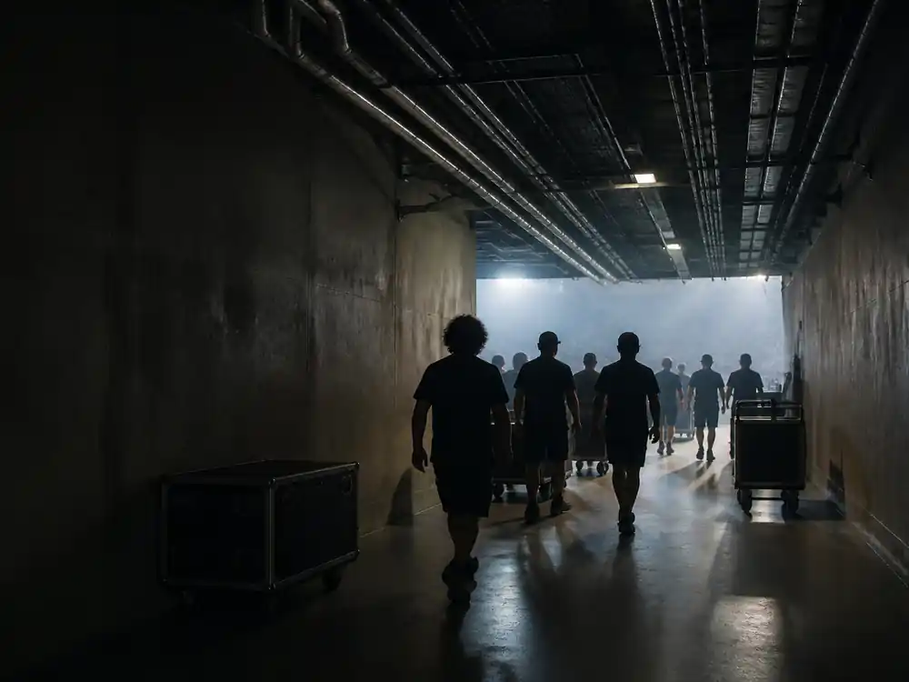 Stadium tunnel with crew silhouettes heading toward arena lights, part of the touring scale behind Bad Bunny net worth 2026