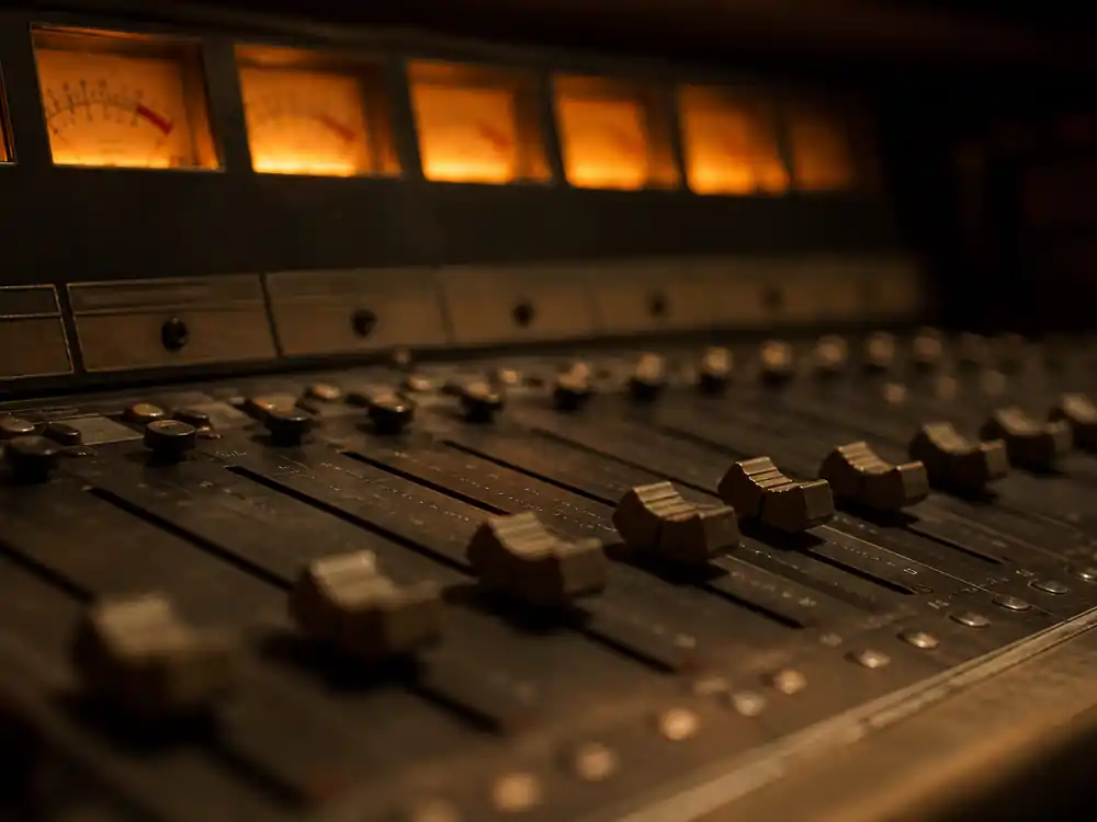 Vintage analog mixing console in warm light, an era marker for Beyonce net worth over the years
