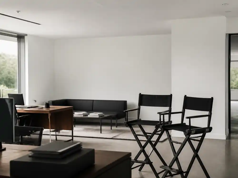 Minimalist Plan B-style production office with blank walls tied to Brad Pitt net worth 2026