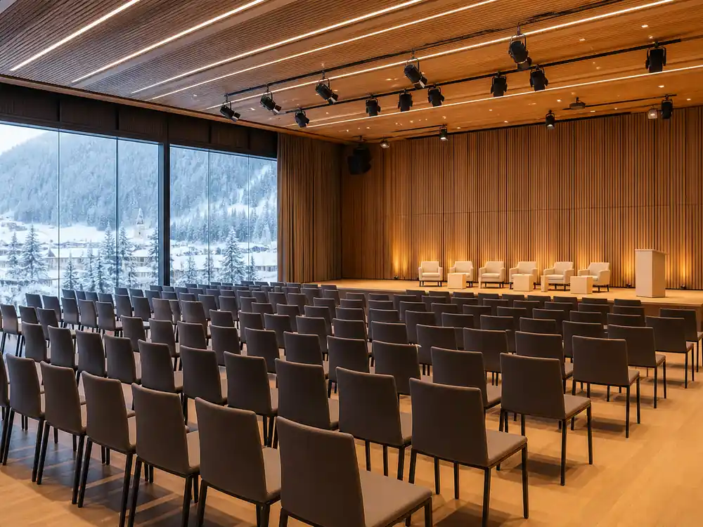 Empty Davos-style conference hall for celebrity billionaires list 2026 roster timing