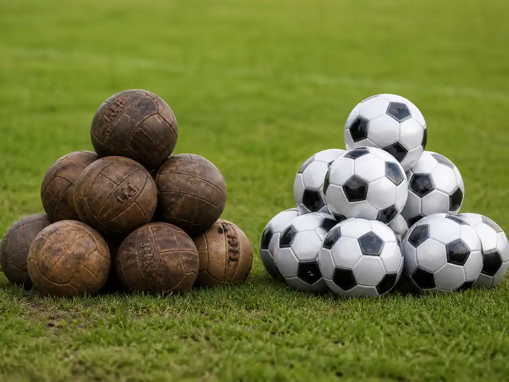 Vintage leather footballs beside modern balls for Cristiano Ronaldo net worth over the years