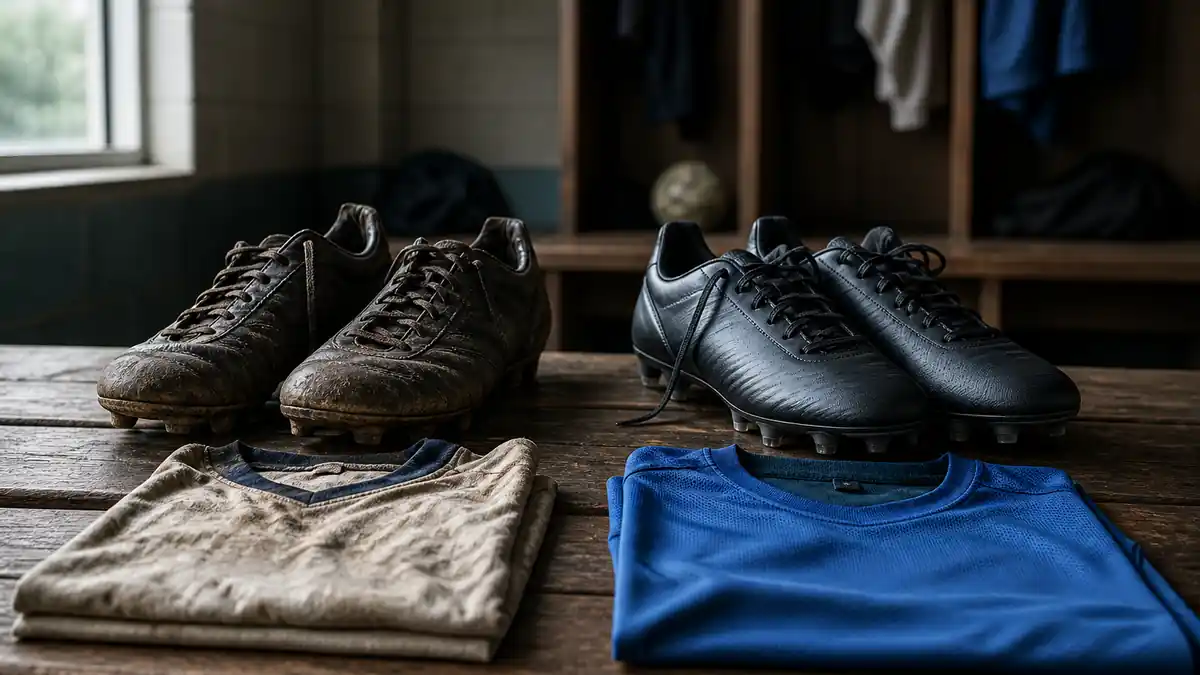 Worn vintage boots beside modern cleats showing Cristiano Ronaldo net worth over the years