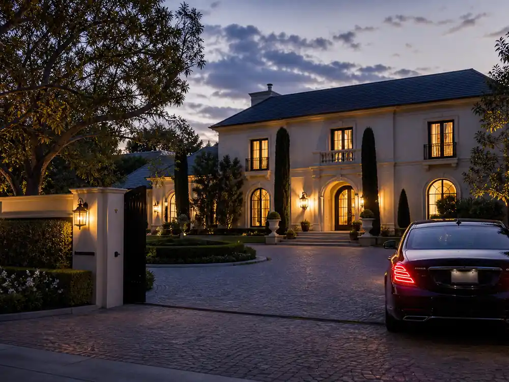 Luxury mansion circular driveway at dusk tied to Drake net worth over the years property climbs