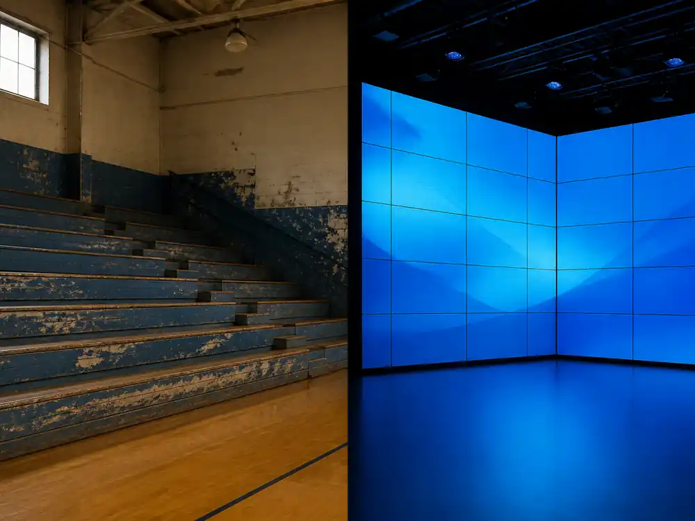 Faded gym bleachers versus LED volume wall showing Dwayne Johnson net worth over the years from acting plateau to tequila mark