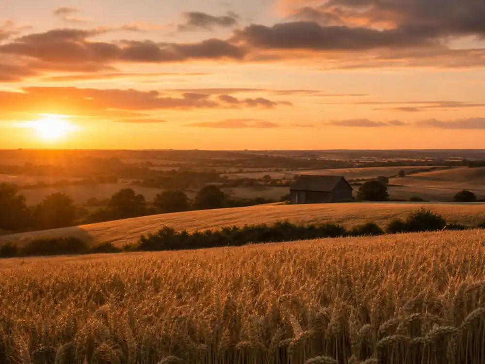 Suffolk-style wheat field at dusk tied to Ed Sheeran net worth 2026 rural property store
