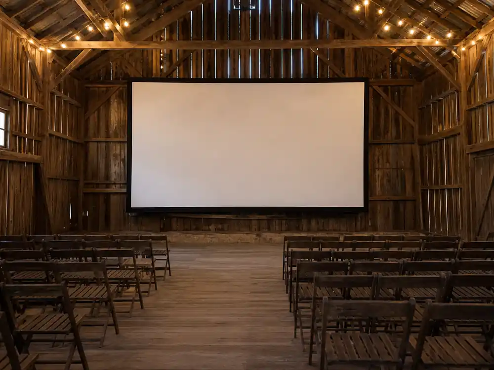 Empty screening barn with blank screen inside George Lucas net worth 2026 private ranch campus