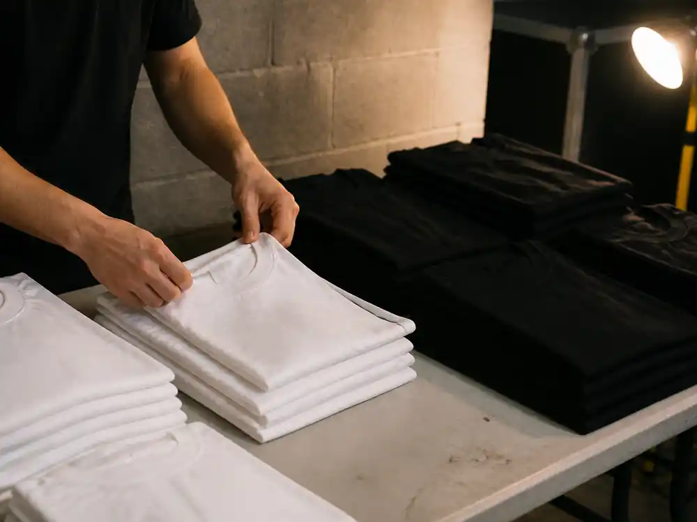 Blank tour merchandise folding table showing how Bad Bunny makes money beyond streaming royalties