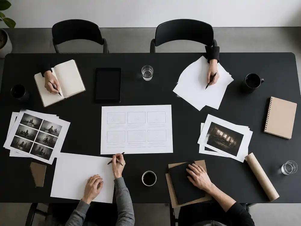 Overhead view of a Parkwood-style production meeting for how Beyonce makes money from touring margins