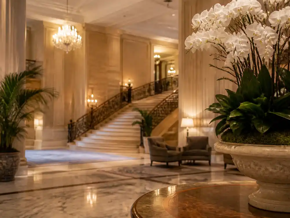 Empty luxury hotel atrium tied to how Bill Gates makes money through Cascade holdings