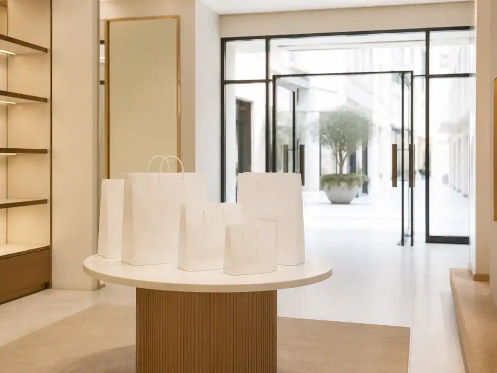 Upscale beauty retail counter with plain shopping bags, the fragrance license stream in how Billie Eilish makes money