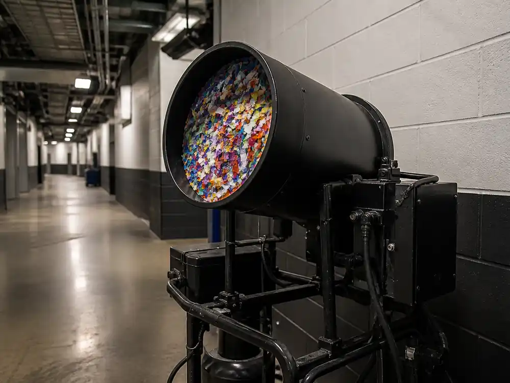 Unfired confetti cannon in an arena wing, the live touring valve in how Billie Eilish makes money