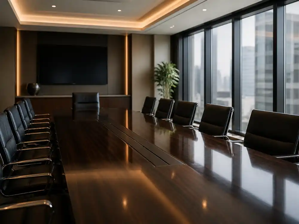 Empty corporate boardroom before a meeting tied to how Brad Pitt makes money producing income