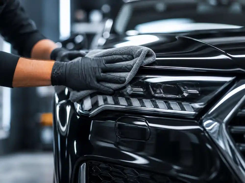 Luxury car detail bay with gloved hands tied to how Brad Pitt makes money endorsement padding