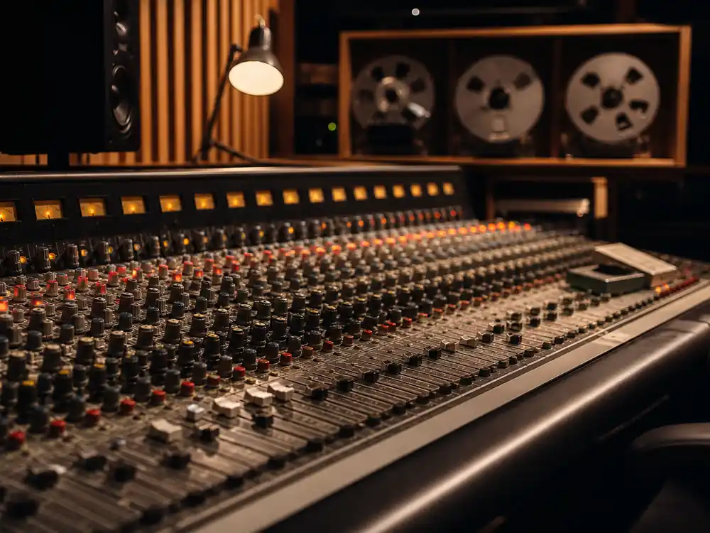 Analog recording console with tape reels tied to how Bruno Mars makes money from catalog royalties