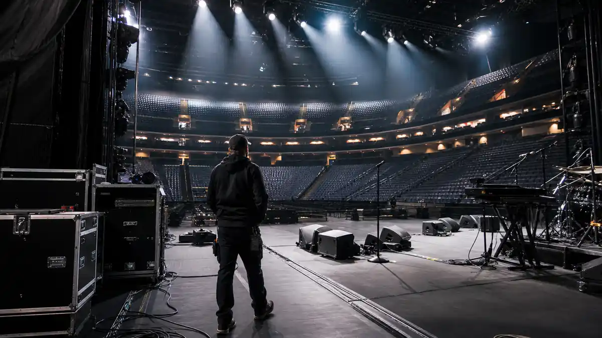 Arena stage viewed from wings before show illustrating how Bruno Mars makes money from touring