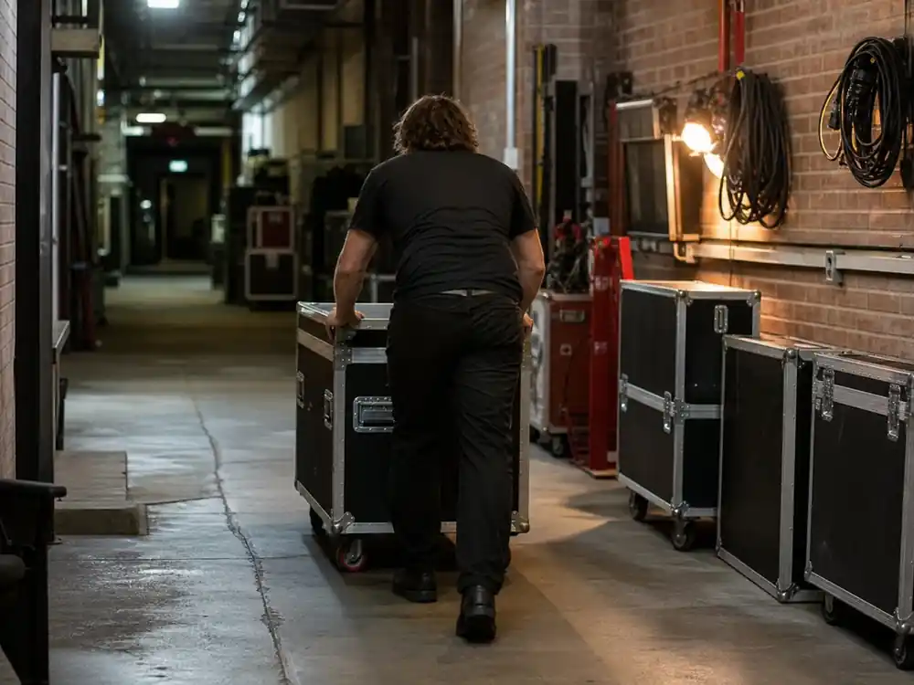 Theater backstage corridor with instrument cases showing how Bruno Mars makes money from residency nights