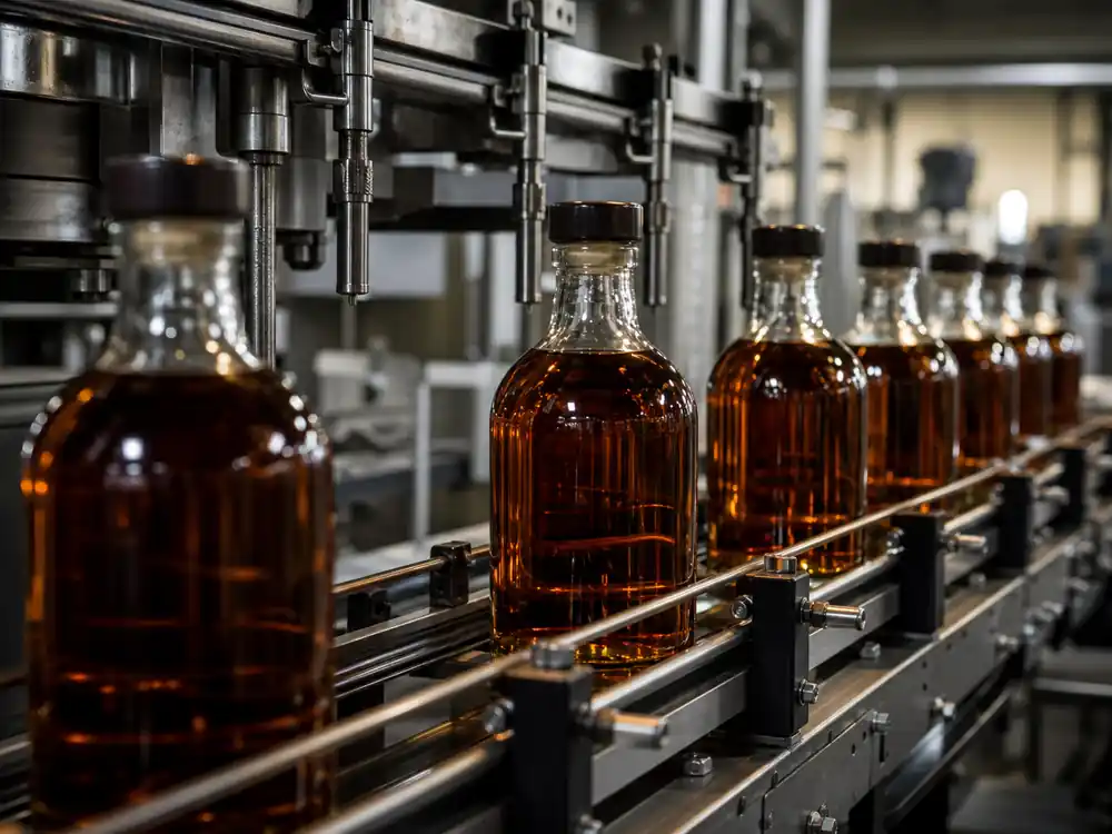 Unlabeled amber bottle filling line illustrating how Dwayne Johnson makes money from spirits equity versus salary