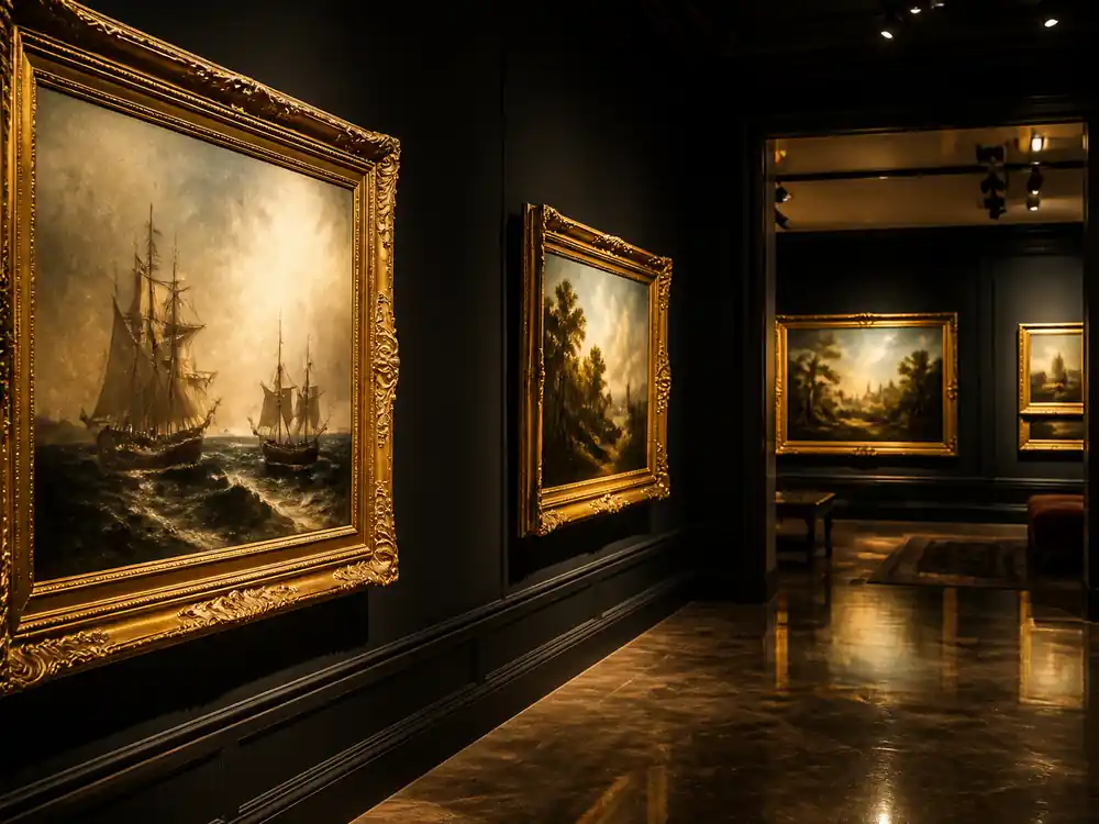 Private art gallery with gilded paintings, a scale contrast in how much is Angelina Jolie worth