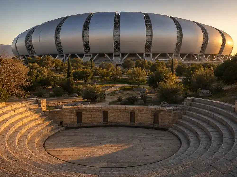 Small outdoor amphitheater below a massive stadium dome, a scale contrast for how much is Bad Bunny worth