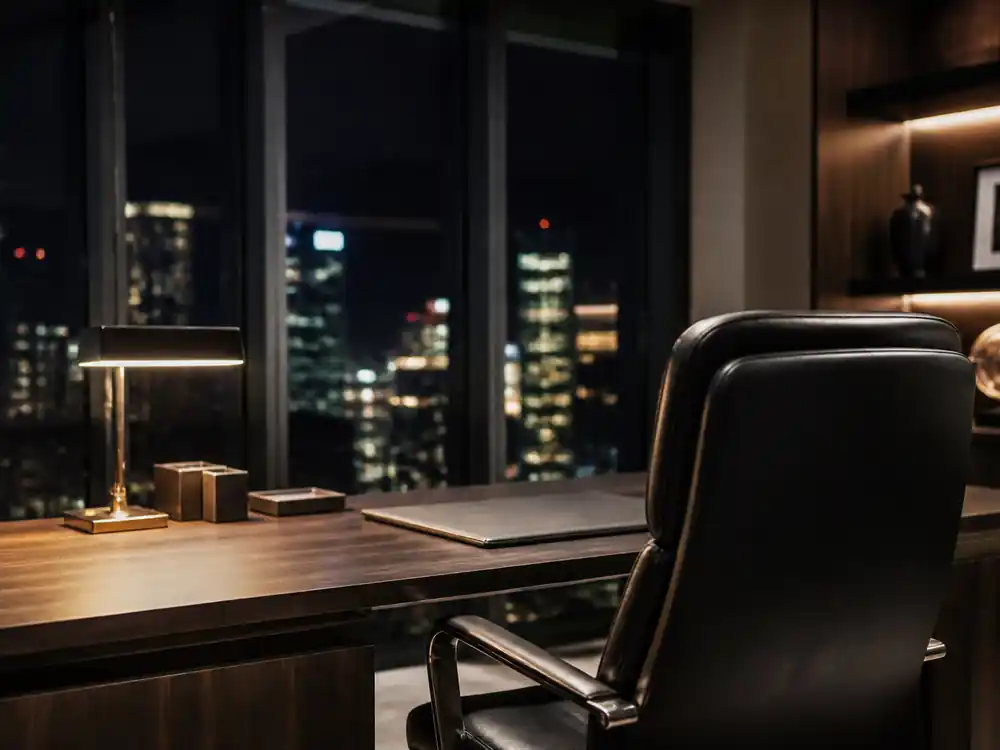 Executive office at night overlooking a city skyline, a wealth-class contrast for how much is Beyonce worth