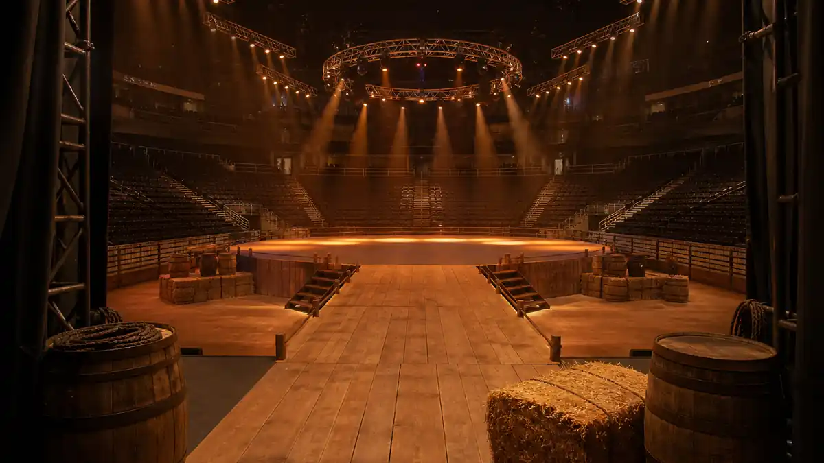 Empty country-western arena stage from the wings, setting the scale for how much is Beyonce worth in 2026