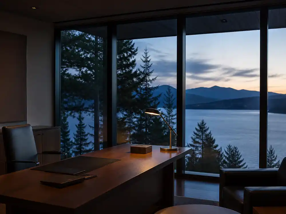 Lakeside executive office at dusk tied to how much is Bill Gates worth as a personal fortune
