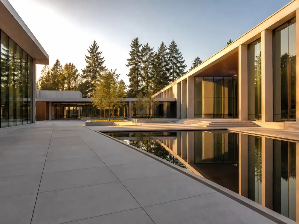 Foundation campus courtyard reflecting how much is Bill Gates worth after decades of giving