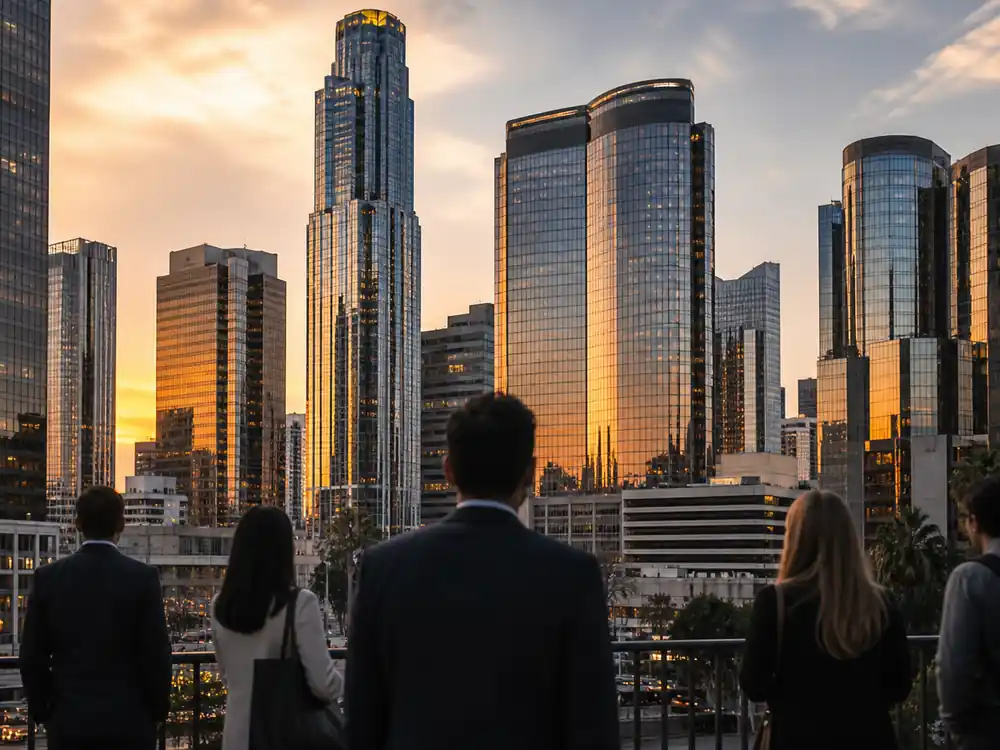 Los Angeles skyline at dusk viewed by silhouettes tied to how much is Brad Pitt worth Hollywood comparison