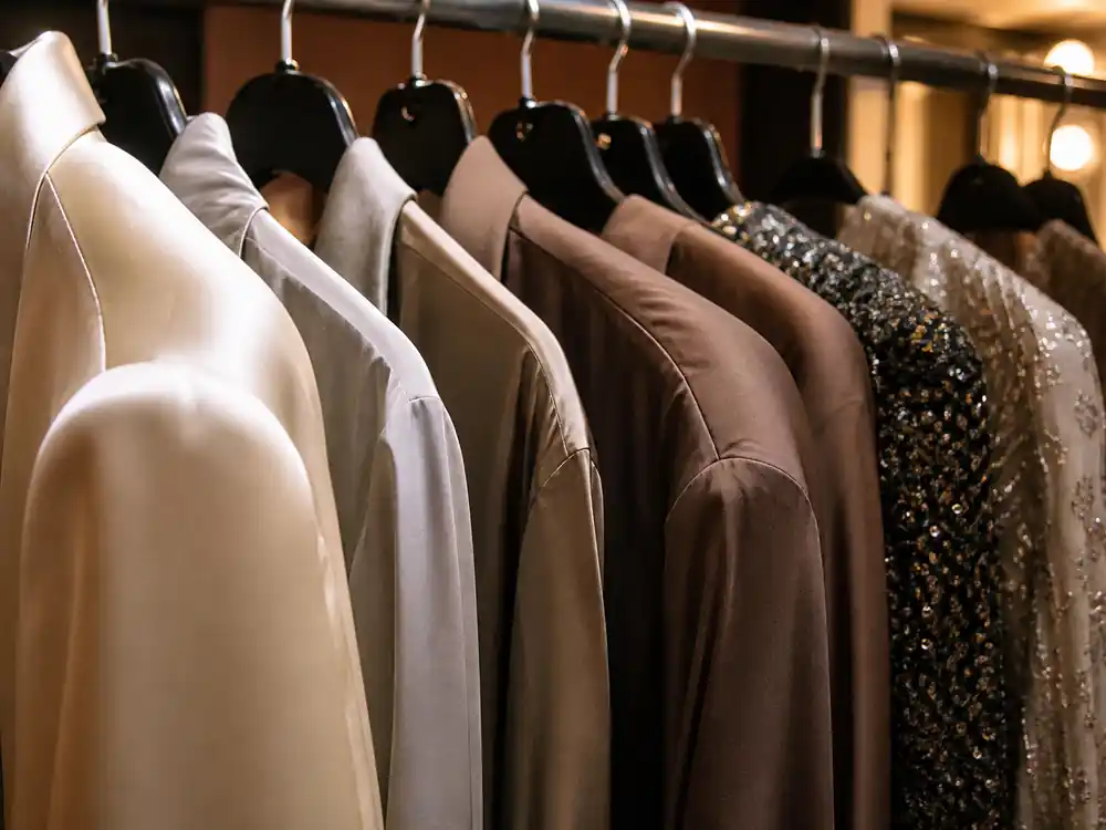 Silk suits on a backstage wardrobe rail linked to how much is Bruno Mars worth show production