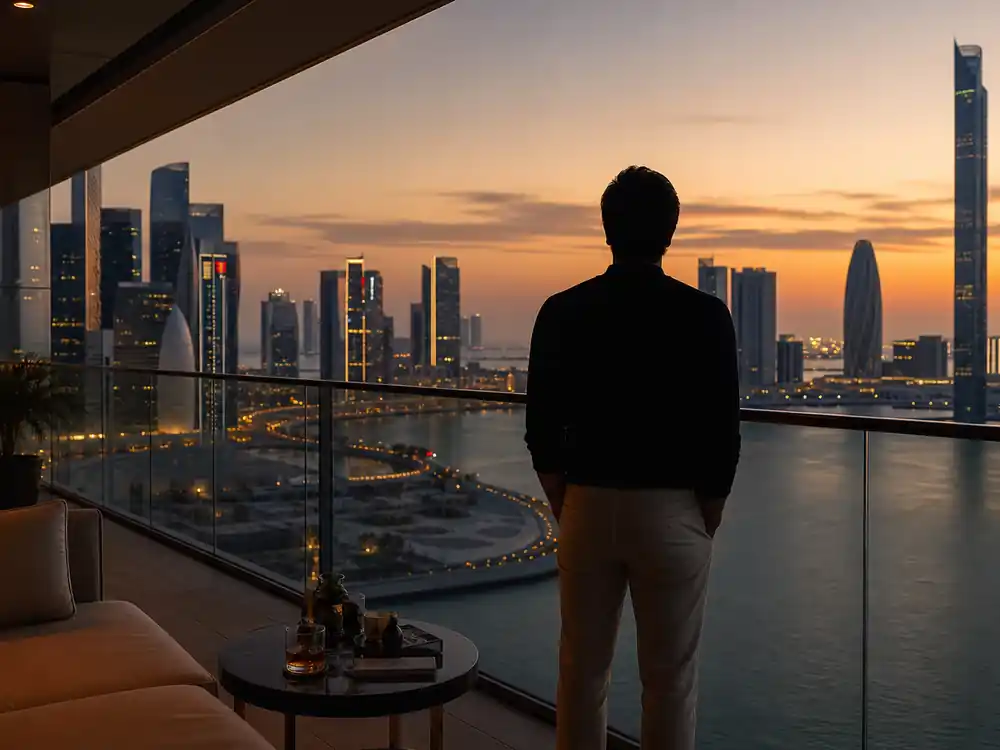 Gulf city hotel balcony at dusk linked to how much is Cristiano Ronaldo worth among peers