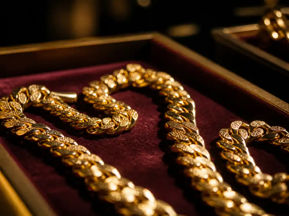Gold chain tray with no maker marks reflecting richest rappers in the world 2026 jewelry-and-catalog middle tier