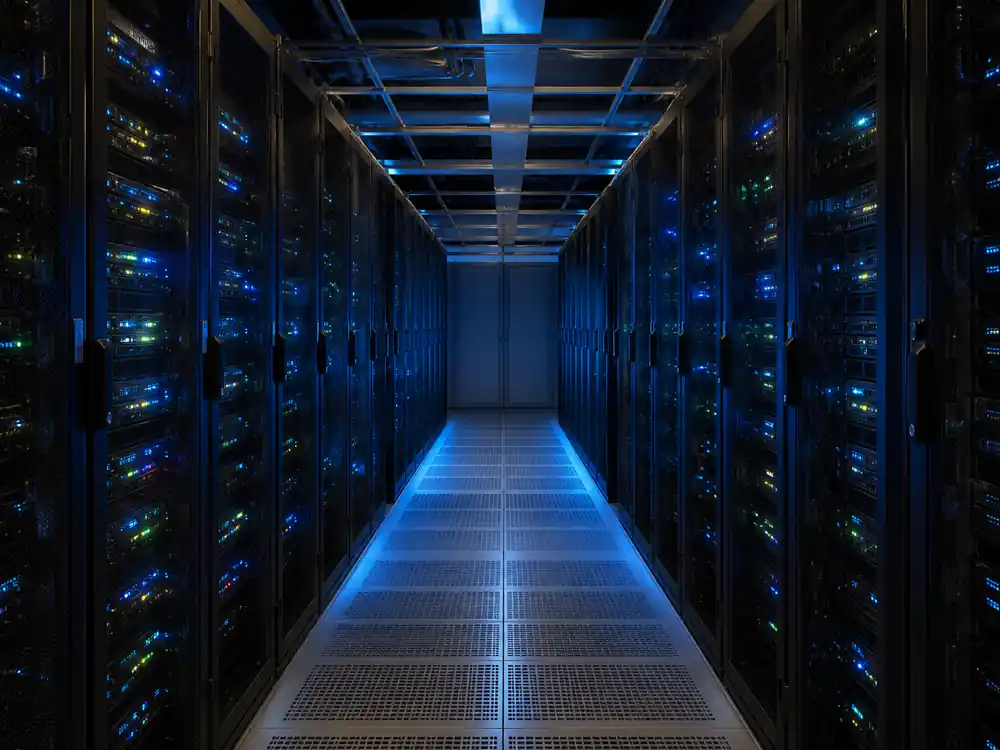 Server rack corridor suggesting CDN scale behind richest YouTubers 2026 distribution reach